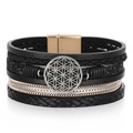 Detail of multi-layer black leather bracelet with Flower of Life disc and magnetic clasp - Black (SZ00259-1)