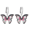 Vue détaillée de boucles d'oreilles papillon roses et noires avec crochets argentés - Style Mixte Rose Et Noir