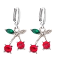 Detail of red cherry earrings with faceted rhinestones and silver lever-back closures - Silver Red