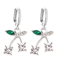 Detail view of cherry earrings with sparkling clear cubic zirconia and green leaf stones - Silver White