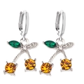 Elegant cherry pendant earrings with orange crystals and green leaves on silver metal - Silver Yellow