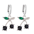 Elegant cherry earrings featuring black rhinestones and green marquise crystal leaves - Silver Black
