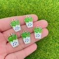 Five pieces of matcha bubble tea enamel charms with gold metal edges for DIY jewelry making - Green