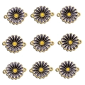 Set of 9 purple daisy enamel alloy charms with gold edges and double loop connectors - Black