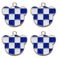 Set of four blue and white checkerboard bear pendants with gold trim for jewelry making - Royal Blue Bear