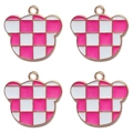 Set of four rose red checkerboard oil-drip bear head charms with gold metal edges - Pink Bear