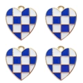 Set of four blue and white checkerboard heart pendants with gold plated edges for DIY jewelry - Royal Blue Heart