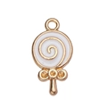 Detailed close-up of a lollipop charm with white enamel swirl and gold alloy finish - White