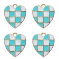 Set of four heart-shaped checkerboard pendants with green and white oil-drop finish - Lake Blue Heart