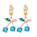 Golden cherry drop earrings with blue crystal fruits and green rhinestone leaf detail - Gold Lake Blue