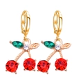 Elegant gold cherry drop earrings with red crystal fruits and green leaf accents - Gold Red