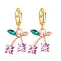 Sweet gold cherry earrings with pink crystal fruits and green leaf studs - Gold Pink