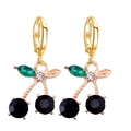 Elegant gold cherry earrings with black crystals and green marquise leaf gemstones - Gold Black