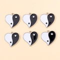 Set of 6 heart-shaped Yin Yang enamel pendants with polished metal frames for DIY jewelry - Heart Tai Chi Style