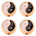 Set of 4 Yin Yang enamel charms in gold-plated alloy for DIY jewelry bracelets - 10mm / Black Tai Chi Print