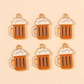 Set of 6 orange enamel beer mug charms with gold frames for DIY jewelry crafts - Beer Mug