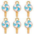 Set of six blue and white spiral lollipop charms with golden metal frames and rings - Blue