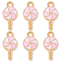 Set of six sweet pink and white spiral lollipop pendants with gold metal hooks for DIY - Pink