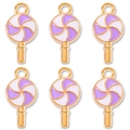 Set of 6 purple and white lollipop enamel charms with gold metal base for DIY jewelry making - Purple