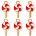Set of six red and white lollipop charms with golden metal base for DIY jewelry making - Red