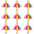 Macro detail of nine colorful umbrella charms with gold plating for DIY jewelry making - Colorful