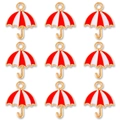 Detail showing nine red and white striped umbrella charms for DIY jewelry making - Red