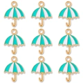 Macro detail of mint green and white striped enamel umbrella pendants with gold plating - Green