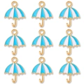 Set of nine blue and white enamel umbrella alloy pendants with gold finish and top hanging loops - Blue