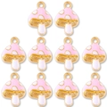 Set of 10 pink mushroom enamel pendants with gold metal frames for DIY jewelry crafts - Pink