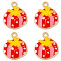 Detailed view of red and pink enamel gift box charms with gold bow for DIY jewelry - Red