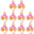 Set of 10 pink enamel mushroom charms with gold alloy finish for DIY jewelry making - Rose Red