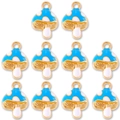 Set of 10 blue cartoon mushroom pendants with gold alloy edges for DIY jewelry making - Blue