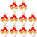 Detailed set of 10 red enamel mushroom charms with gold edging for DIY jewelry making - Red