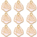 Detailed view of nine white enamel rose pendants with gold plating for jewelry making - White