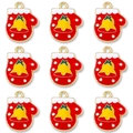 Set of 9 Christmas red enamel glove pendants with yellow bell and gold plated metal loops - Red Glove