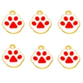 Set of 6 cute cat paw charms with white enamel and red prints on gold alloy base - Red