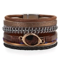 Meerlaagse leren armband met druppelvormige hanger en kristallen strass-inleg - Bruin