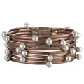 Boheems meerlagige lederen armband met zilveren metalen kralen en bronzen koord - Bruin