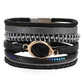 Bracciale multistrato in pelle nera con ciondolo di cristallo e chiusura magnetica - Nero
