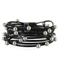 Meerlaagse zwarte leren armband met zilveren metalen kralen en een magneetsluiting - Zwart