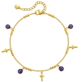 Bracelet de cheville plaqué or 18 carats avec pendentifs œil bleu et croix polies - Or 18 carats / Croix Mauvais Œil Or (KA0073)