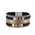 Macro detail of multi-layer leather bracelet with crystal inlay and magnetic buckle - Black