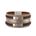 Detail of multi-layer leather bracelet with rhinestone bands and magnetic square clasp - Dark Brown