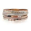 Detail of bohemian wrap bracelet with leather bands, metal leaf charms, and magnetic clasp - Nude Pink (SZ00314-4)