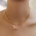 Double-layer 18K gold plated paperclip chain necklace with cylindrical pendant for women - 18K Gold / Cylinder Paperclip Style (KN0408)