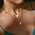 Close-up of double-layered 18K gold-plated necklace with shell and teardrop pearl pendants - Double Layer Shell Pearl Necklace (KN0411)