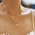 Double-layered 18K gold plated necklace with rose flower and butterfly rectangle charm - 18K Gold / Rose Butterfly Plate Style (KN0407)