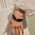 Bohemian acrylic beaded stretch bracelet with gold metal and black glossy segments - Minimalist Glossy Style (AB0009-28) / Black