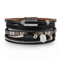Bracelet multicouche en cuir avec perle d'eau douce, strass et fermoir magnétique - Style Texturé Strass Noir (SZ00347-2)