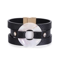 Three-layer black PU leather bracelet with oversized pearlescent ring and magnetic clasp - Black (SZ00115-1)